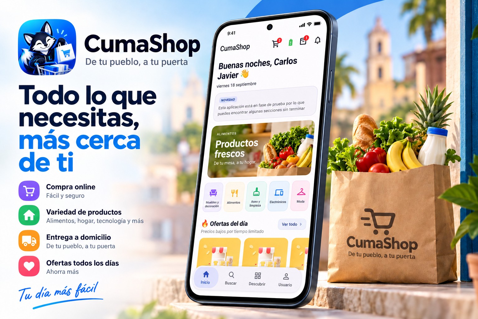 Presentación de CumaShop con su app, productos locales e icono