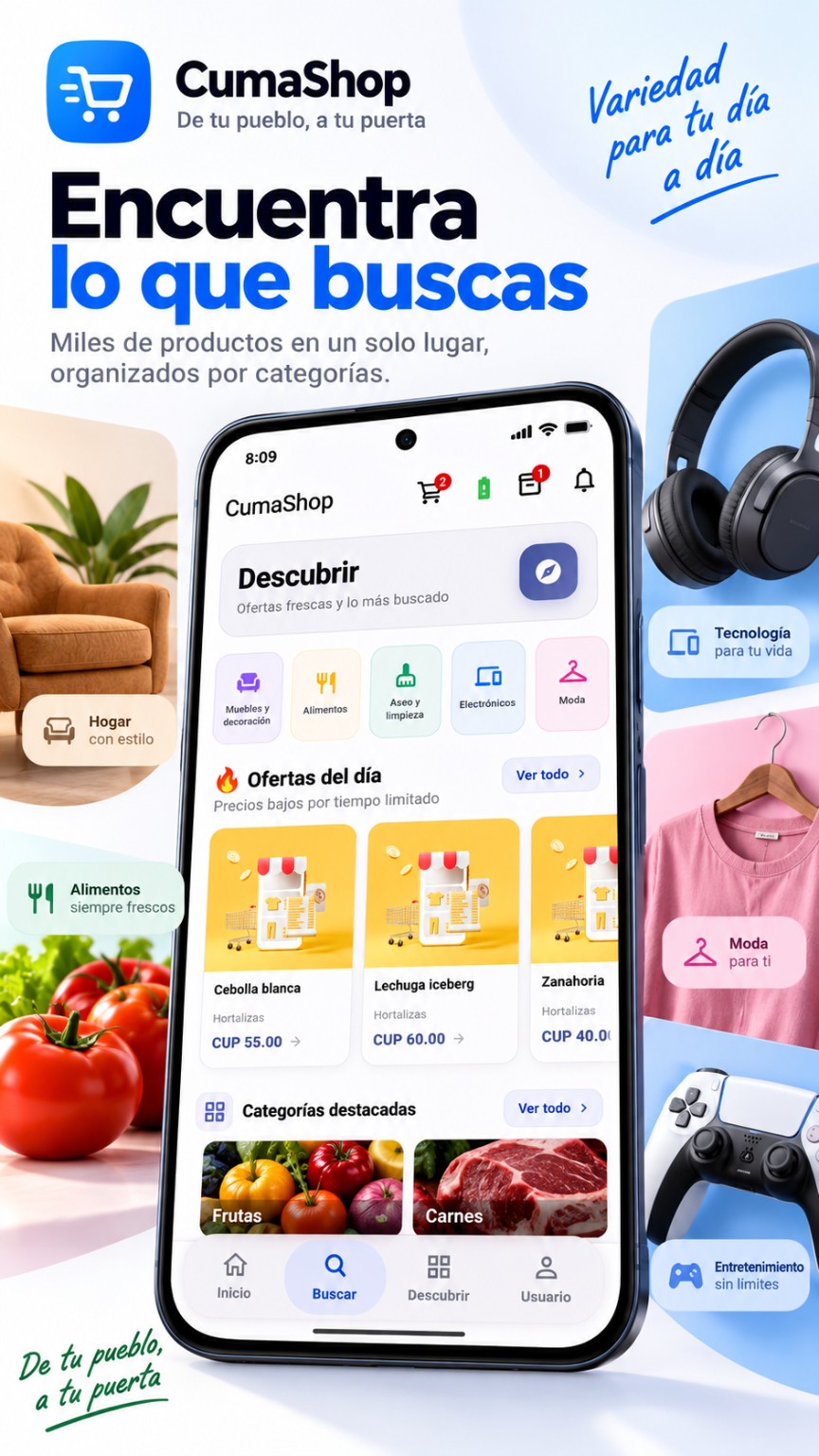 Presentación de CumaShop: categorías y productos en la aplicación