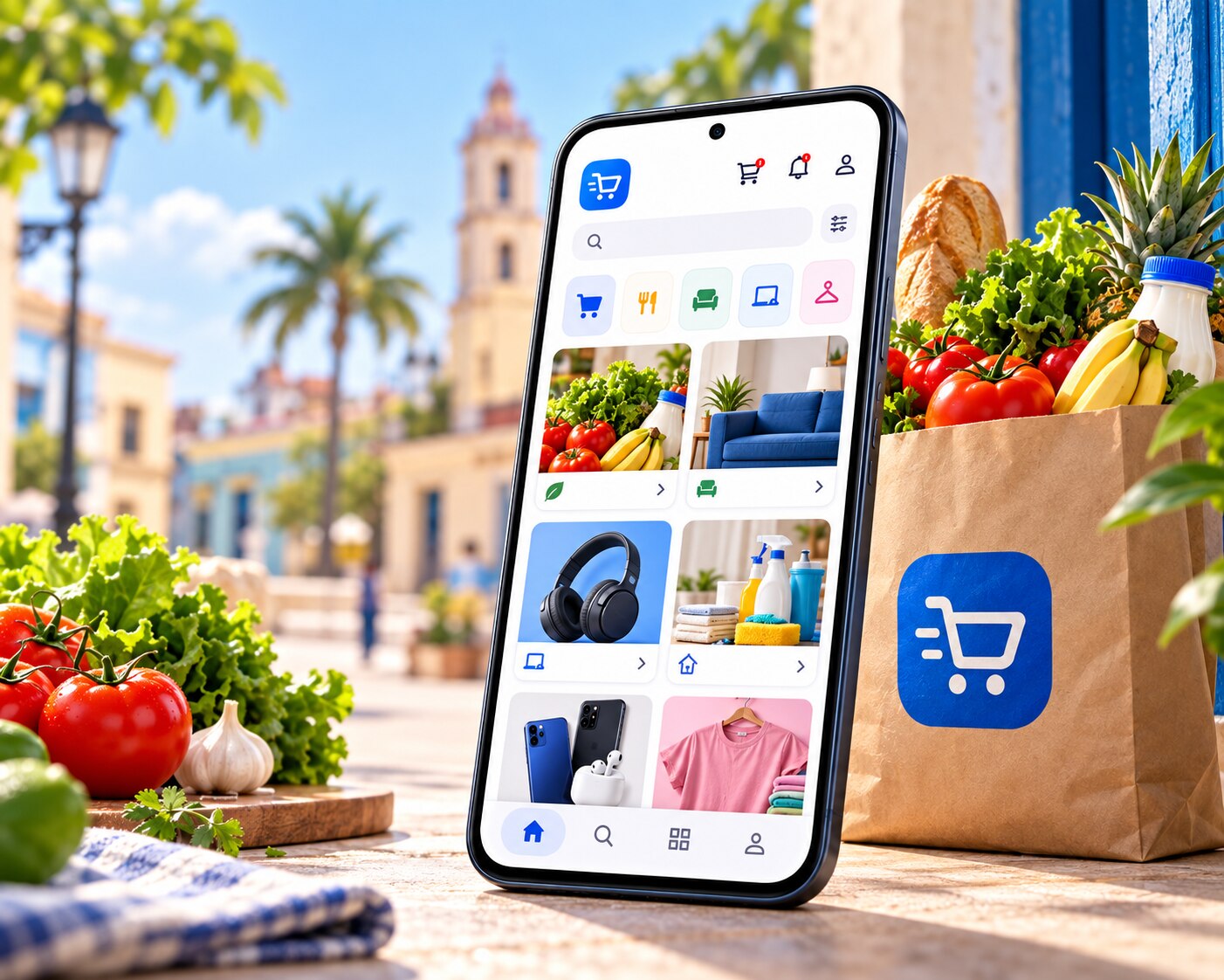 Imagen promocional de CumaShop: una tienda local con productos, su aplicación y una bolsa de compras