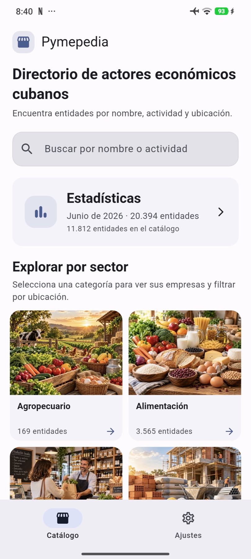Pantalla real de Pymepedia: buscador, estadísticas y categorías de empresas cubanas